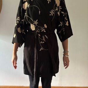 Anthropologie Black and Cream Floral Robe